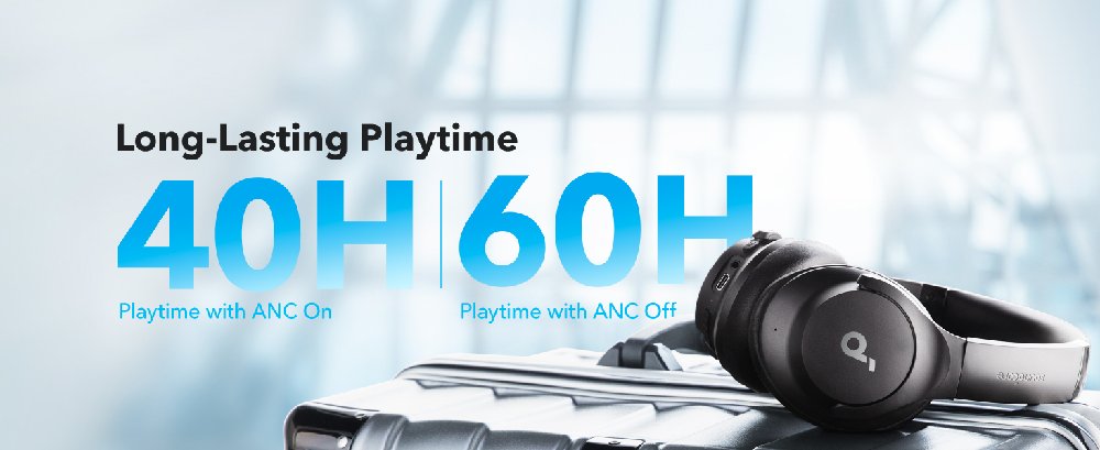 Over-ear headphones with text highlighting long-lasting playtime: 40H with ANC on, 60H with ANC off.